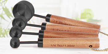 Collection 8 Piece Black Measuring Cups Set and Measuring Spoons, Golden With fragrant wood Handles-Complete Set of Measure Cups and Spoons For Cooking and Baking.
