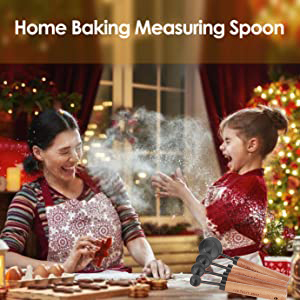 Collection 8 Piece Black Measuring Cups Set and Measuring Spoons, Golden With fragrant wood Handles-Complete Set of Measure Cups and Spoons For Cooking and Baking.