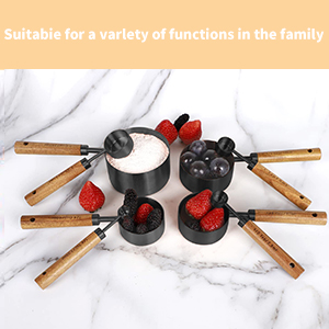 Collection 8 Piece Black Measuring Cups Set and Measuring Spoons, Golden With fragrant wood Handles-Complete Set of Measure Cups and Spoons For Cooking and Baking.