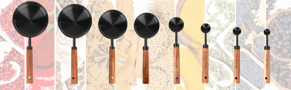 Collection 8 Piece Black Measuring Cups Set and Measuring Spoons, Golden With fragrant wood Handles-Complete Set of Measure Cups and Spoons For Cooking and Baking.