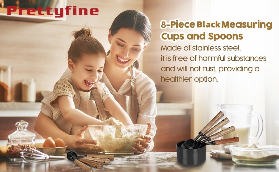 Collection 8 Piece Black Measuring Cups Set and Measuring Spoons, Golden With fragrant wood Handles-Complete Set of Measure Cups and Spoons For Cooking and Baking.