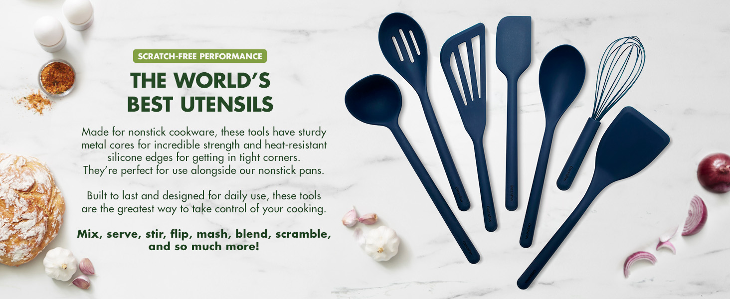 GreenPan Silicone Ultimate Fork, Mixing Stirring Serving, Cooking Kitchen Utensil, Flexible Rubber Nonstick Cookware, Rigid Steel Core, Heat-Resistant, Anti-Slip Handle, BPA-Free Dishwasher Safe, Blue