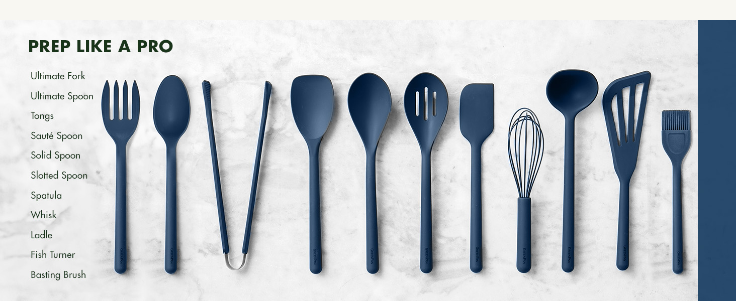 GreenPan Silicone Ultimate Fork, Mixing Stirring Serving, Cooking Kitchen Utensil, Flexible Rubber Nonstick Cookware, Rigid Steel Core, Heat-Resistant, Anti-Slip Handle, BPA-Free Dishwasher Safe, Blue