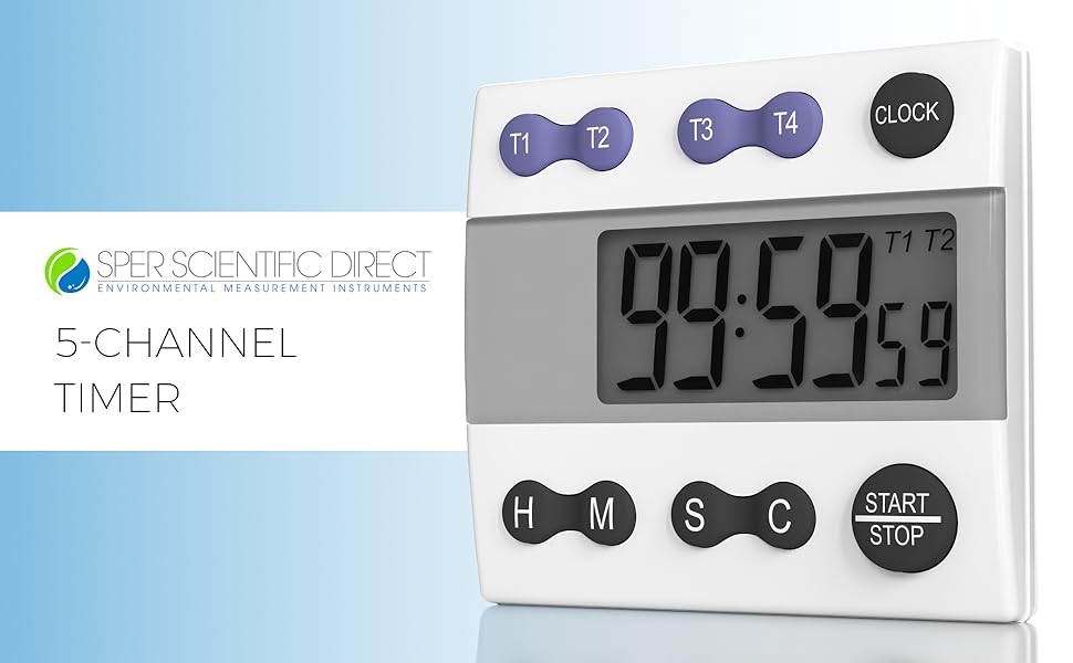 Sper Scientific Portable Digital Kitchen Timer 810015 for Cooking and Baking with Loud Alarm, 4 Channel Timer, Large Display Digital Lab and Cooking Timer, Classroom Timer for Teachers and Students