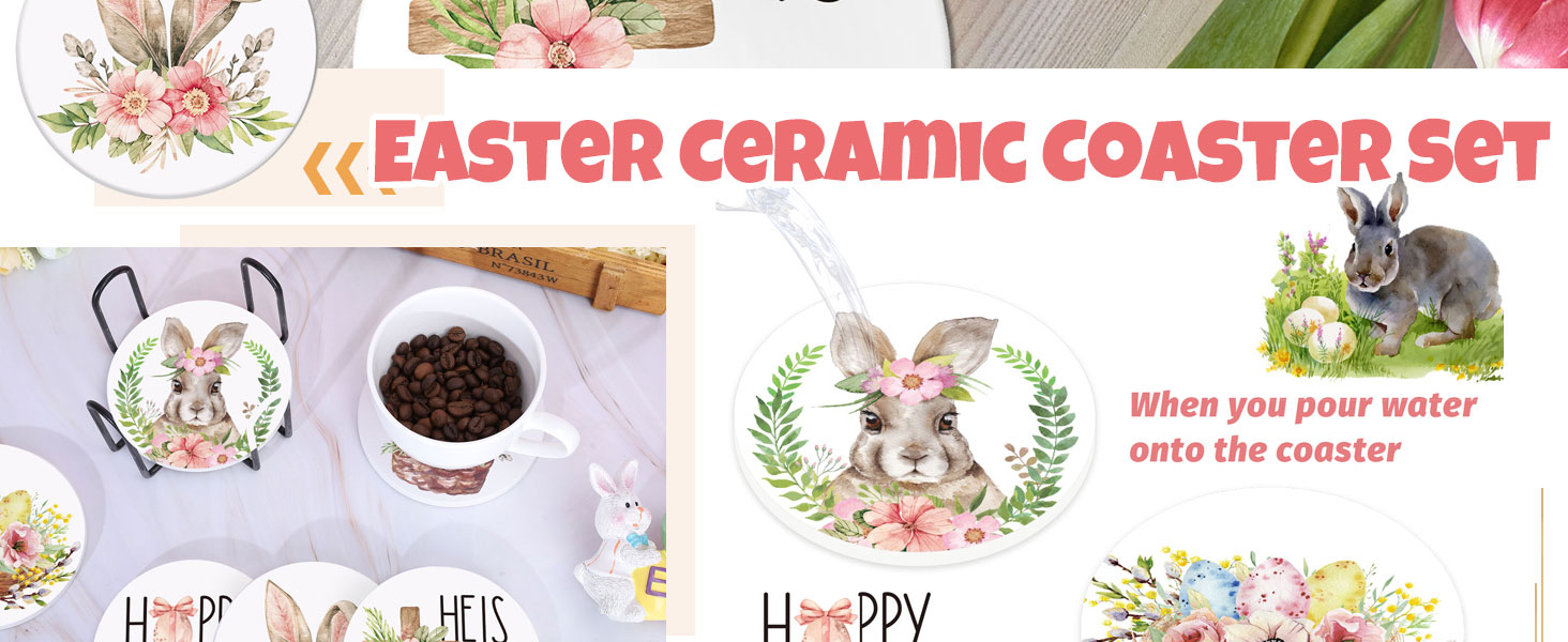 Whaline 6 Pcs Easter Ceramic Coaster Set Bunny Rabbit Egg Flowers Drink Coasters with Holder Watercolor Absorbent Coasters for Easter Spring Home Decor Table Protection Housewarming Gift