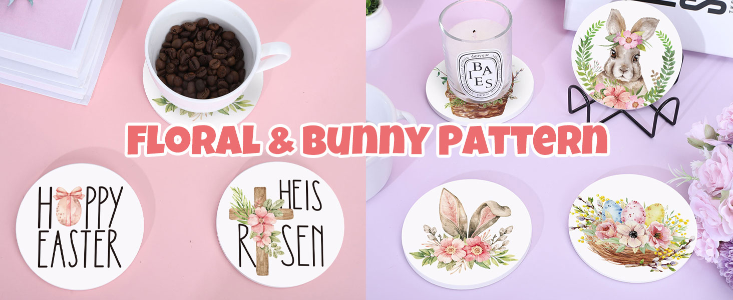 Whaline 6 Pcs Easter Ceramic Coaster Set Bunny Rabbit Egg Flowers Drink Coasters with Holder Watercolor Absorbent Coasters for Easter Spring Home Decor Table Protection Housewarming Gift