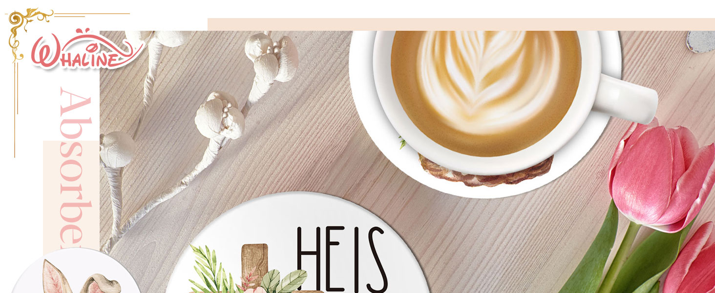 Whaline 6 Pcs Easter Ceramic Coaster Set Bunny Rabbit Egg Flowers Drink Coasters with Holder Watercolor Absorbent Coasters for Easter Spring Home Decor Table Protection Housewarming Gift