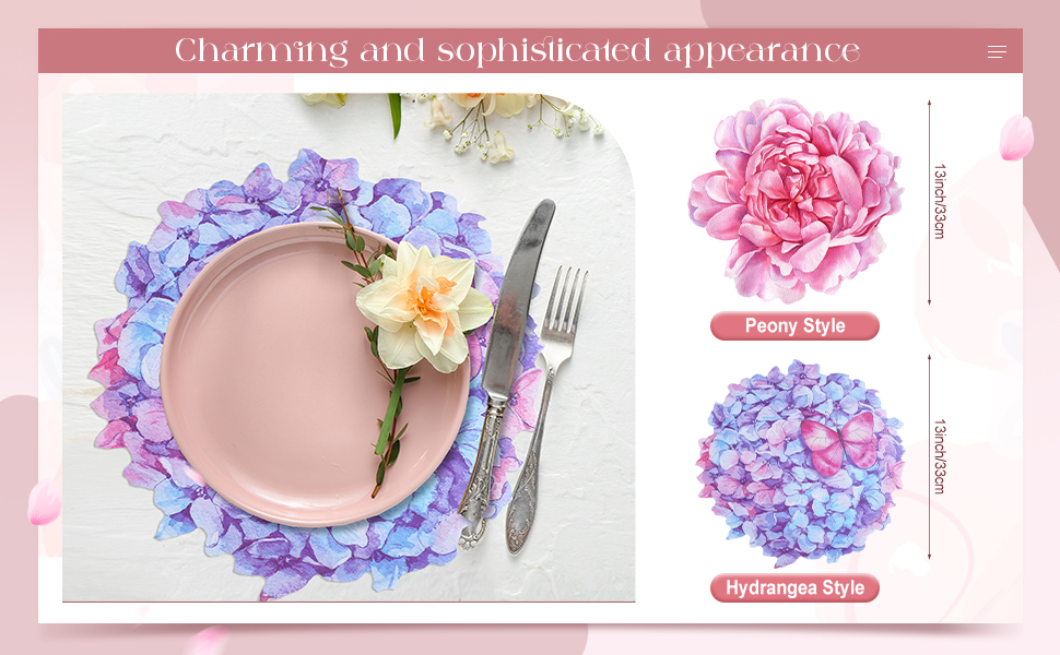 Set of 100 Peony Placemat Pink Floral Place Mats Spring Paper Placemats Disposable for Dining Table Parties Wedding Kitchen Decor Bridal Shower, 13 x 13 Inch