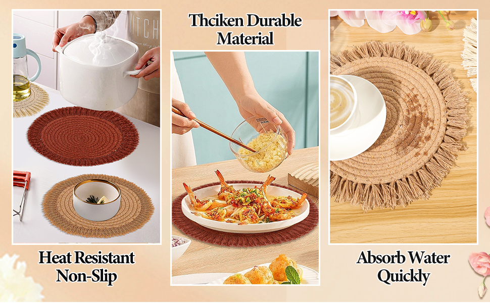 13 Inch Round Cotton Placemat Set of 4 Boho Placemats Table Mats Woven Washable Table Placemats for Fall Kitchen Dining Home Farmhouse Thanksgiving Christmas Decoration Heat Resistant Place Mat