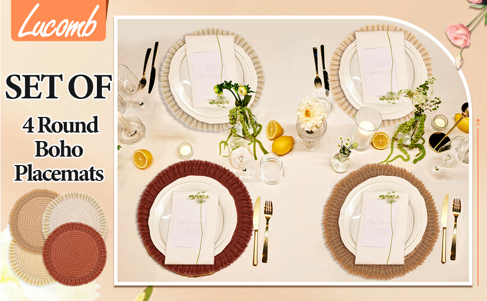 13 Inch Round Cotton Placemat Set of 4 Boho Placemats Table Mats Woven Washable Table Placemats for Fall Kitchen Dining Home Farmhouse Thanksgiving Christmas Decoration Heat Resistant Place Mat