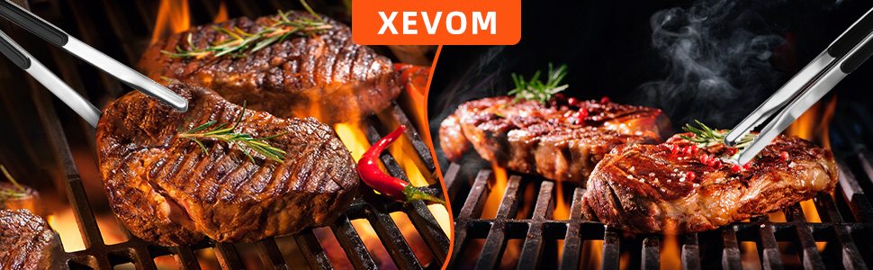 4 Pack Premium Stainless Steel Kitchen Tongs, Serving Tongs for Cooking, XEVOM Metal Food Tongs with Non-Slip Grip, Heat Resistant Grill Tongs 10 inch