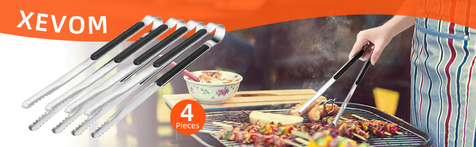 4 Pack Premium Stainless Steel Kitchen Tongs, Serving Tongs for Cooking, XEVOM Metal Food Tongs with Non-Slip Grip, Heat Resistant Grill Tongs 10 inch