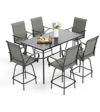 MFSTUDIO Patio Bar Set of 7, Outdoor Bar Height Table and Chairs, 1 x Heavy Duty Metal Slat High Top Bar Table with 6 x Swivel Outdoor Bar Stool, Breathable Textilene Fabric