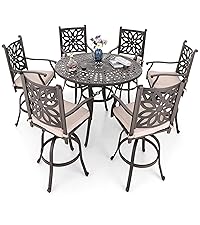 MFSTUDIO Patio Bar Set of 7, Outdoor Bar Height Table and Chairs, 1 x Heavy Duty Metal Slat High Top Bar Table with 6 x Swivel Outdoor Bar Stool, Breathable Textilene Fabric