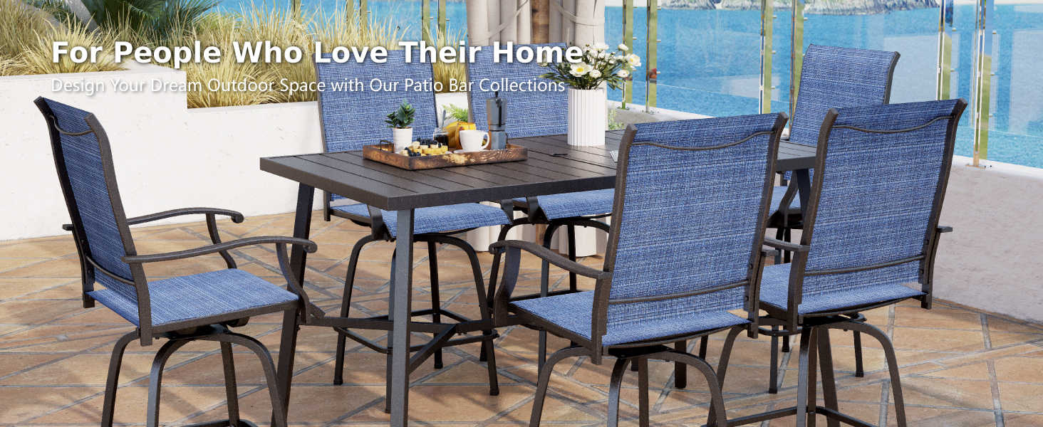 MFSTUDIO Patio Bar Set of 7, Outdoor Bar Height Table and Chairs, 1 x Heavy Duty Metal Slat High Top Bar Table with 6 x Swivel Outdoor Bar Stool, Breathable Textilene Fabric