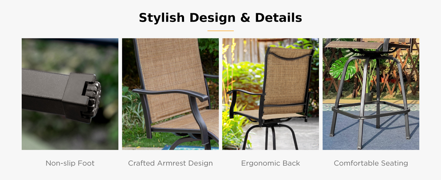 MFSTUDIO Patio Bar Set of 7, Outdoor Bar Height Table and Chairs, 1 x Heavy Duty Metal Slat High Top Bar Table with 6 x Swivel Outdoor Bar Stool, Breathable Textilene Fabric