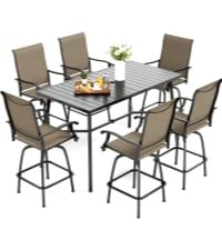MFSTUDIO Patio Bar Set of 7, Outdoor Bar Height Table and Chairs, 1 x Heavy Duty Metal Slat High Top Bar Table with 6 x Swivel Outdoor Bar Stool, Breathable Textilene Fabric