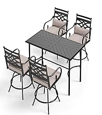 MFSTUDIO Patio Bar Set of 7, Outdoor Bar Height Table and Chairs, 1 x Heavy Duty Metal Slat High Top Bar Table with 6 x Swivel Outdoor Bar Stool, Breathable Textilene Fabric