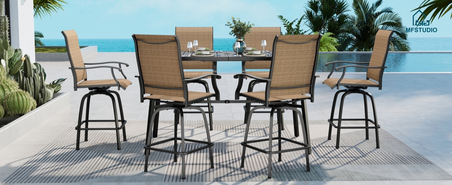 MFSTUDIO Patio Bar Set of 7, Outdoor Bar Height Table and Chairs, 1 x Heavy Duty Metal Slat High Top Bar Table with 6 x Swivel Outdoor Bar Stool, Breathable Textilene Fabric