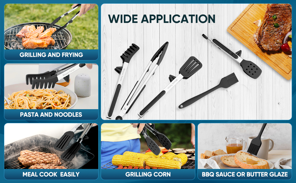 5-Pack Silicone Tongs for Cooking,Maywe Tanso 4PCS 13-Inch Kitchen Tongs with Silicone Tips,Nonstick Stainless Steel Tong for Steak Pie Pizza Pasta Spaghetti Salad BBQ Buffet,Plus Brush