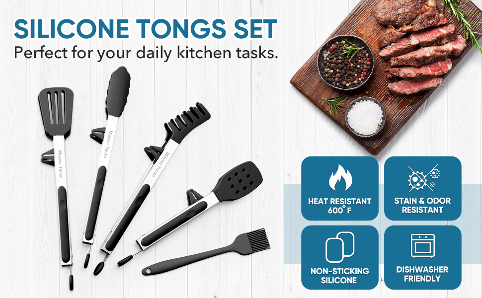 5-Pack Silicone Tongs for Cooking,Maywe Tanso 4PCS 13-Inch Kitchen Tongs with Silicone Tips,Nonstick Stainless Steel Tong for Steak Pie Pizza Pasta Spaghetti Salad BBQ Buffet,Plus Brush