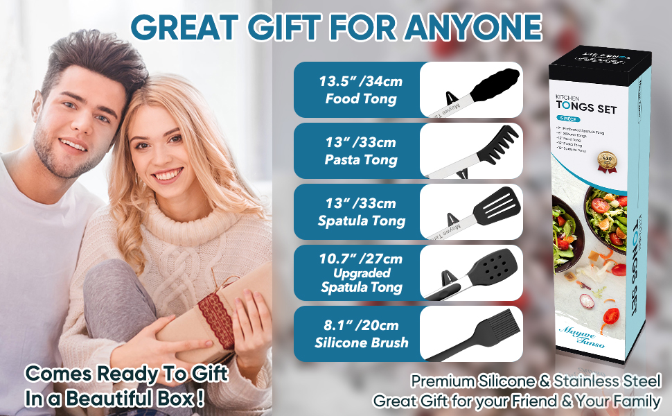 5-Pack Silicone Tongs for Cooking,Maywe Tanso 4PCS 13-Inch Kitchen Tongs with Silicone Tips,Nonstick Stainless Steel Tong for Steak Pie Pizza Pasta Spaghetti Salad BBQ Buffet,Plus Brush