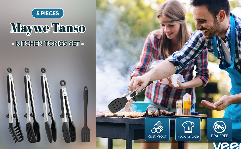 5-Pack Silicone Tongs for Cooking,Maywe Tanso 4PCS 13-Inch Kitchen Tongs with Silicone Tips,Nonstick Stainless Steel Tong for Steak Pie Pizza Pasta Spaghetti Salad BBQ Buffet,Plus Brush