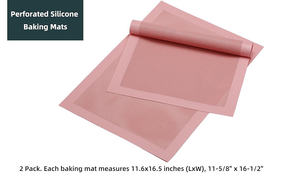 AMYONE Perforated Baking Mats, 2 PCS Pink Eclair Silicone Mat for Half Sheet, Non-Stick Reusable Oven Liners for Making Bread/Pizza/Pastry/Cookie 11 5/8