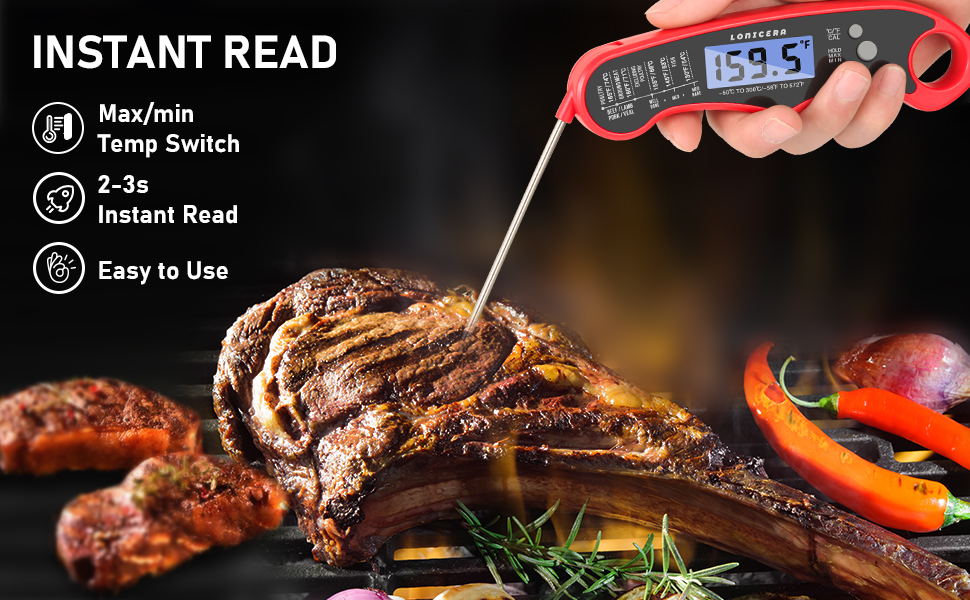 Lonicera Meat Thermometer Digital for Cooking Food. Waterproof & Instant Read for Kitchen Baking, BBQ. with Foldable Probe, Backlight & Calibration (Red)