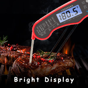 Lonicera Meat Thermometer Digital for Cooking Food. Waterproof & Instant Read for Kitchen Baking, BBQ. with Foldable Probe, Backlight & Calibration (Red)