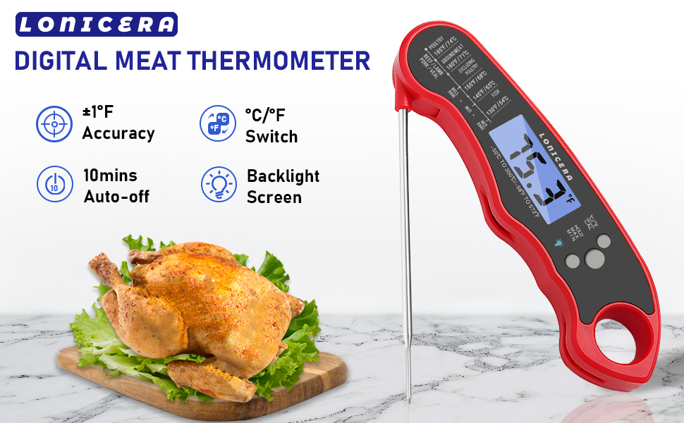 Lonicera Meat Thermometer Digital for Cooking Food. Waterproof & Instant Read for Kitchen Baking, BBQ. with Foldable Probe, Backlight & Calibration (Red)