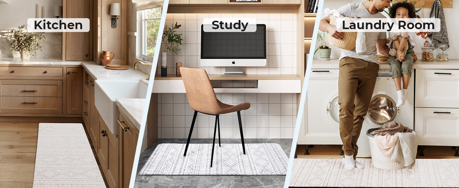 FRESHMINT Anti Fatigue Kitchen Mats for Floor 2 Piece Set, Waterproof & Non-Skid Boho Kitchen Rugs, Cushioned Kitchen Mat for Standing Washable Comfort Desk Kitchen Runners, 17x30+17x47