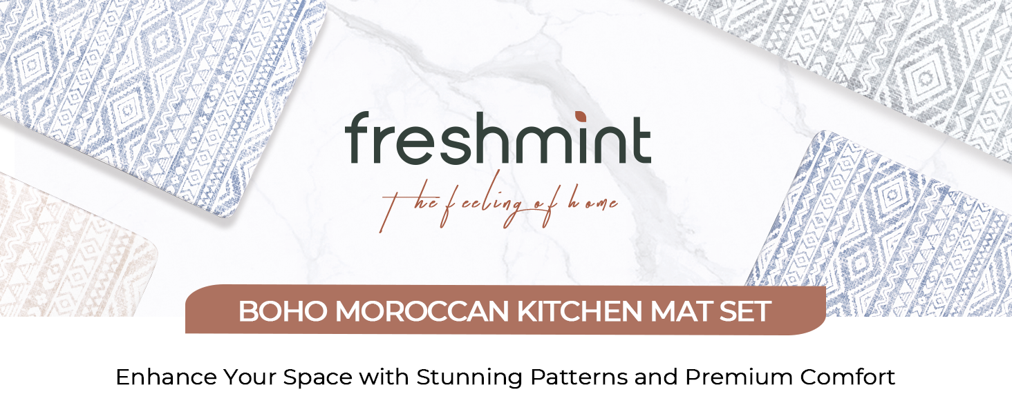 FRESHMINT Anti Fatigue Kitchen Mats for Floor 2 Piece Set, Waterproof & Non-Skid Boho Kitchen Rugs, Cushioned Kitchen Mat for Standing Washable Comfort Desk Kitchen Runners, 17x30+17x47