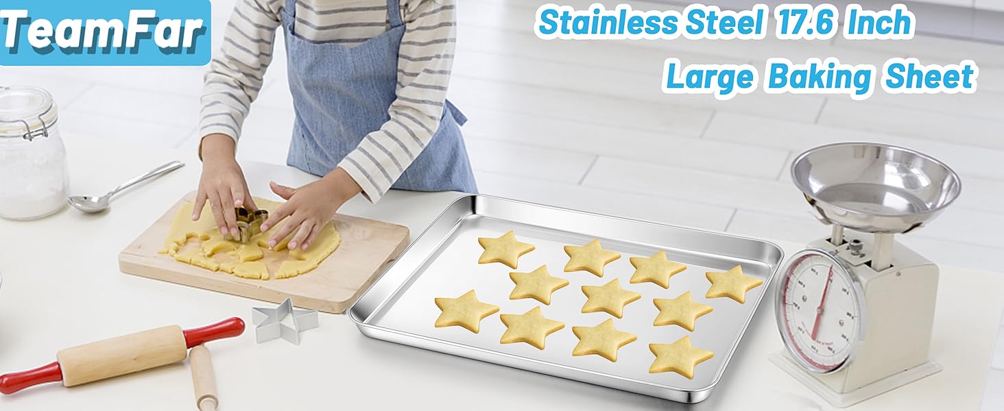 TeamFar Baking Sheet, 17.6’’ x 13’’ x 1’’ Stainless Steel Large Cookie Sheet Baking Tray Pan for Oven, Non-Toxic & Healthy, Rust Free & Heavy Duty, Mirror Finish & Dishwasher Safe