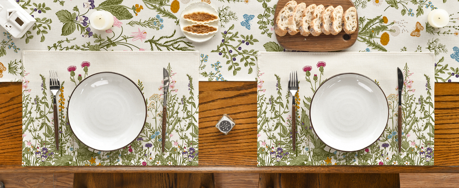 Artoid Mode Antique Herbs and Wild Flowers Summer Placemats Set of 4, 12x18 Inch Seasonal Wildflower Spring Table Mats for Party Kitchen Dining Decoration