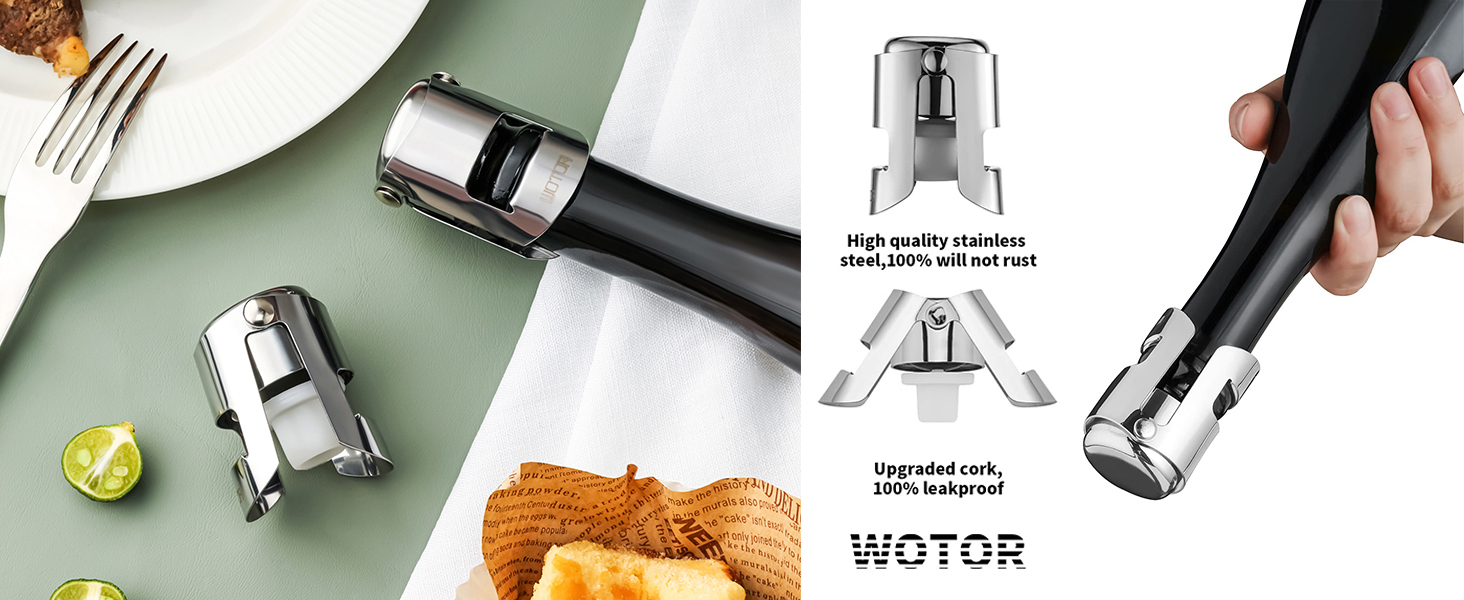 WOTOR Champagne Stoppers Stainless Steel, Prosecco Bottle Stopper with Food Grade Silicone, Reusable Champagne Cork & Saver, Leak proof Keep Fresh (Silver, 2 Pack)