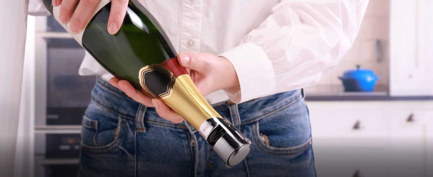 WOTOR Champagne Stoppers Stainless Steel, Prosecco Bottle Stopper with Food Grade Silicone, Reusable Champagne Cork & Saver, Leak proof Keep Fresh (Silver, 2 Pack)