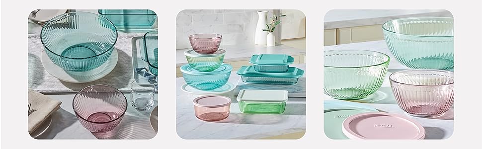 Pyrex Colors Tinted (3-Pack, Full Set) Sculpted Tinted Glass Mixing Bowls With Plastic Lids, Nesting Space Saving Set of Bowls For Prepping and Baking, 1.3QT, 2.3QT & 4.5QT