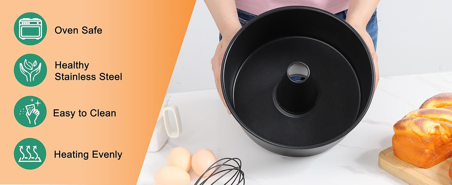 LIANYU 10 Inch Angel Food Cake Pan, Black Nonstick Tube Pan for Baking Pound Cake, Deep Chiffon Mold with Stainless Steel Core, Easy to Release, Leak Proof