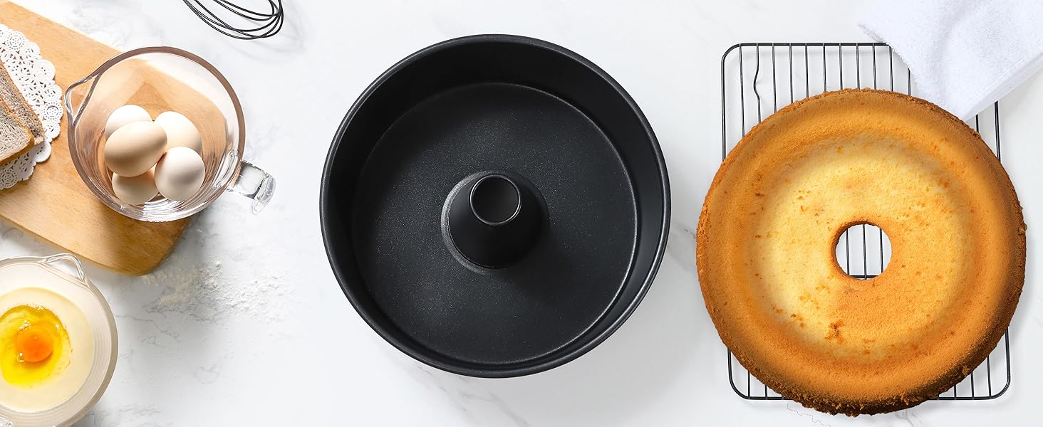 LIANYU 10 Inch Angel Food Cake Pan, Black Nonstick Tube Pan for Baking Pound Cake, Deep Chiffon Mold with Stainless Steel Core, Easy to Release, Leak Proof