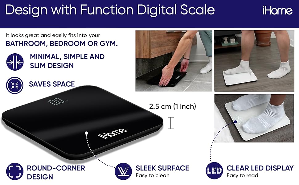 iHome Digital Scale, Bathroom Scale, Batteries Included, Scale Body Weight, Weight Scale, Bathroom Scales for Weight, Digital Scales for Body Weight (Black)