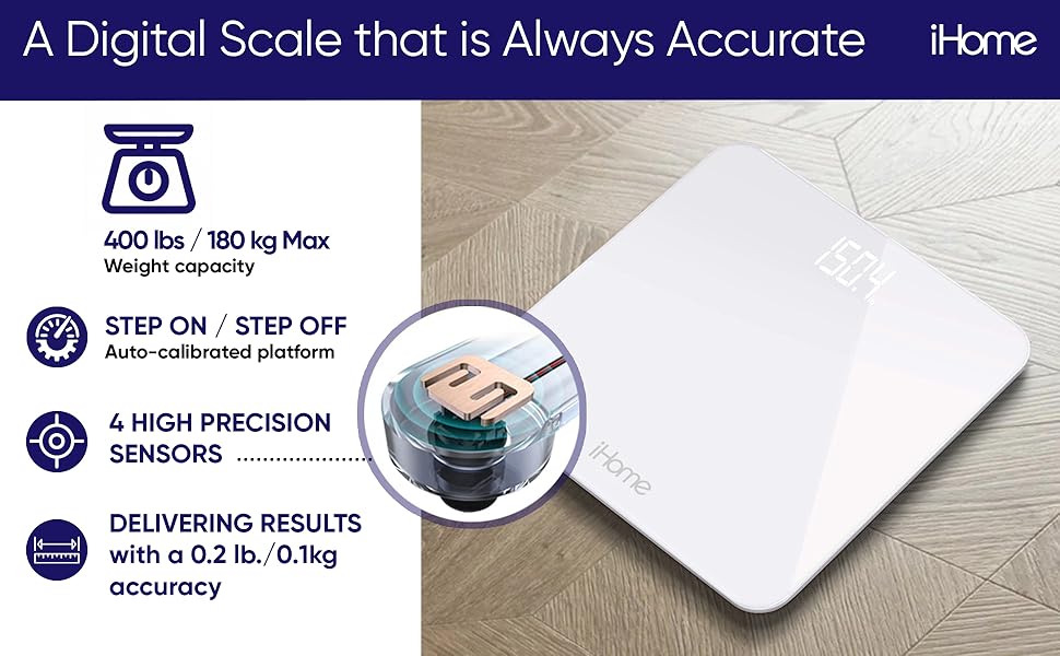 iHome Digital Scale, Bathroom Scale, Batteries Included, Scale Body Weight, Weight Scale, Bathroom Scales for Weight, Digital Scales for Body Weight (Black)