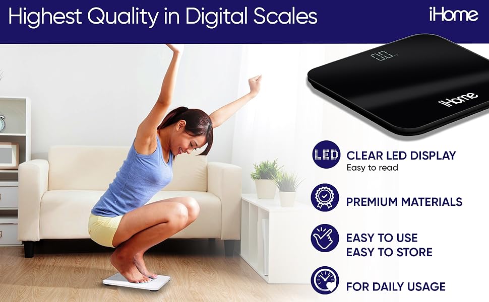 iHome Digital Scale, Bathroom Scale, Batteries Included, Scale Body Weight, Weight Scale, Bathroom Scales for Weight, Digital Scales for Body Weight (Black)