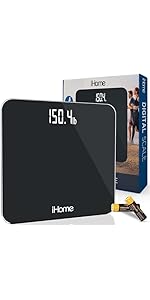 iHome Digital Scale, Bathroom Scale, Batteries Included, Scale Body Weight, Weight Scale, Bathroom Scales for Weight, Digital Scales for Body Weight (Black)