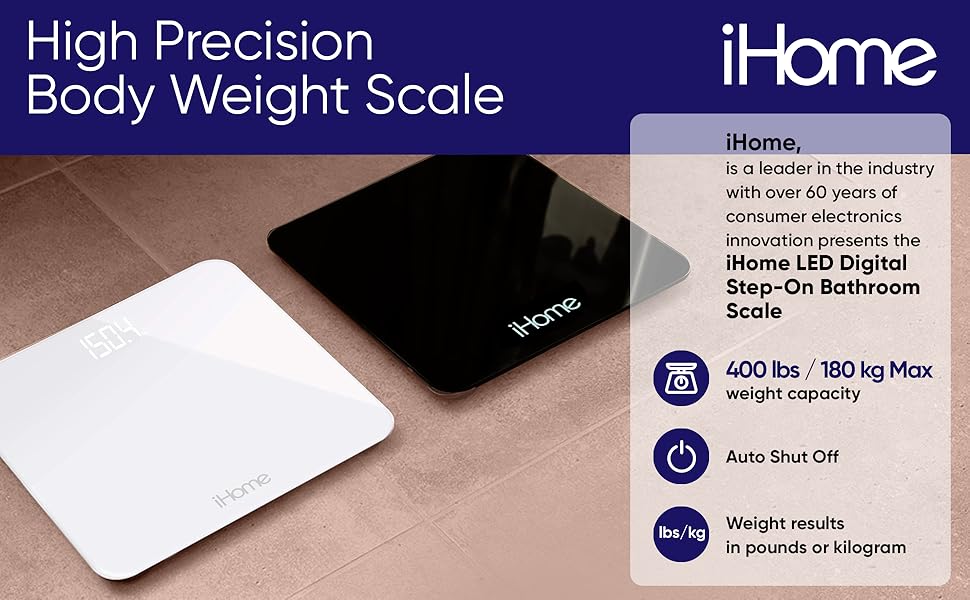 iHome Digital Scale, Bathroom Scale, Batteries Included, Scale Body Weight, Weight Scale, Bathroom Scales for Weight, Digital Scales for Body Weight (Black)