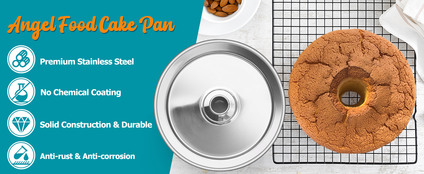 E-far Angel Food Cake Pan, 10-Inch Stainless Steel Tube Pan for Baking Pound Chiffon Cake, One-piece Design & Non-toxic, Dishwasher Safe