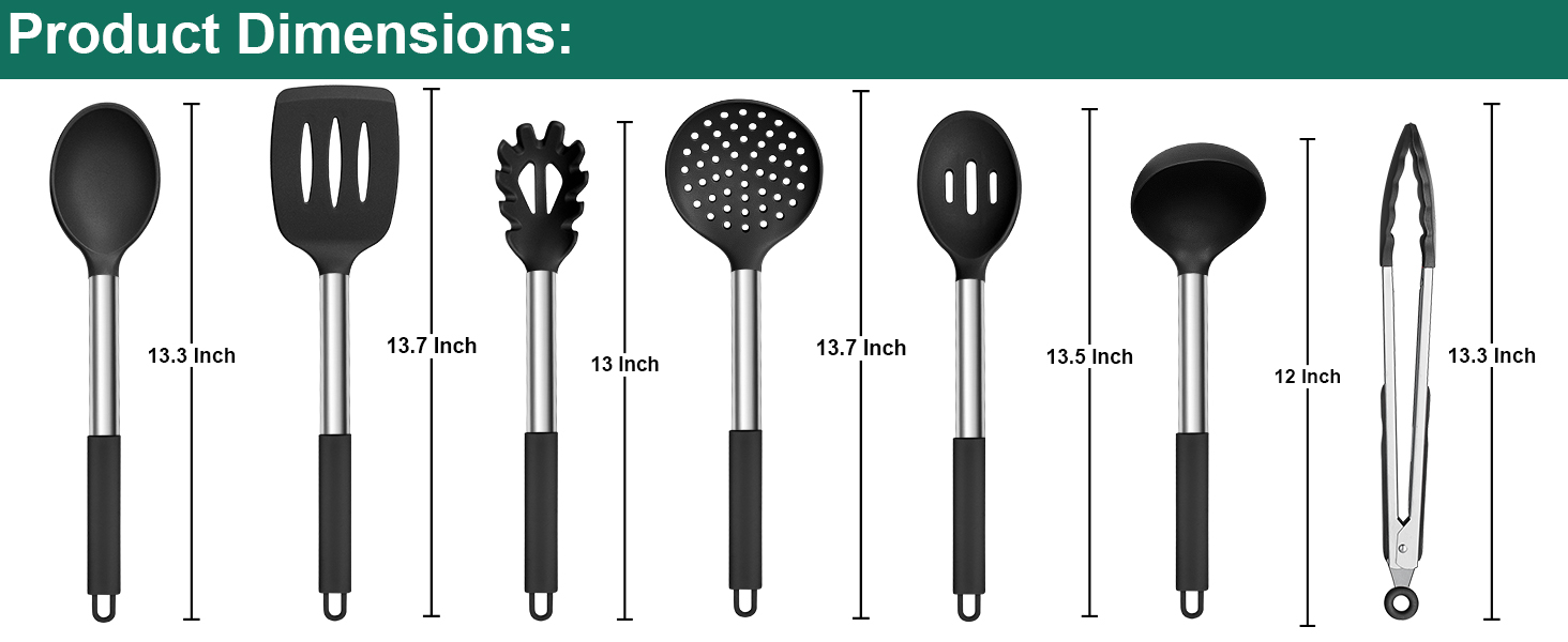 E-far Silicone Cooking Utensils Set, 7 Pcs Heat Resistant Kitchen Utensils with Stainless Steel Handle, Slotted Turner, Spoon, Soup Ladle, Pasta Server, Skimmer, Tongs for Nonstick Cookware, Black