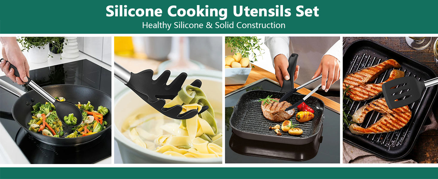 E-far Silicone Cooking Utensils Set, 7 Pcs Heat Resistant Kitchen Utensils with Stainless Steel Handle, Slotted Turner, Spoon, Soup Ladle, Pasta Server, Skimmer, Tongs for Nonstick Cookware, Black