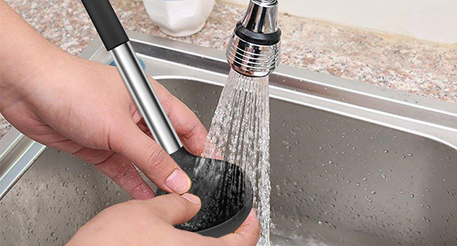 E-far Silicone Cooking Utensils Set, 7 Pcs Heat Resistant Kitchen Utensils with Stainless Steel Handle, Slotted Turner, Spoon, Soup Ladle, Pasta Server, Skimmer, Tongs for Nonstick Cookware, Black