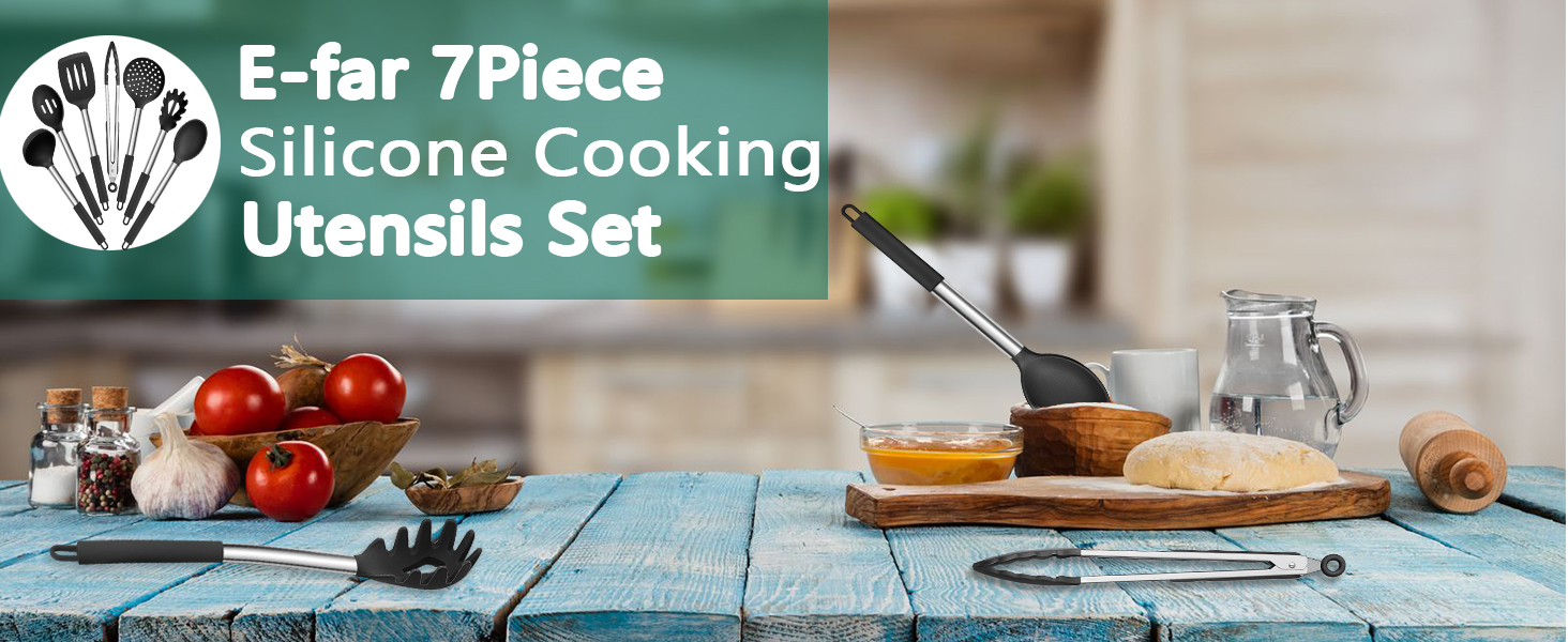 E-far Silicone Cooking Utensils Set, 7 Pcs Heat Resistant Kitchen Utensils with Stainless Steel Handle, Slotted Turner, Spoon, Soup Ladle, Pasta Server, Skimmer, Tongs for Nonstick Cookware, Black